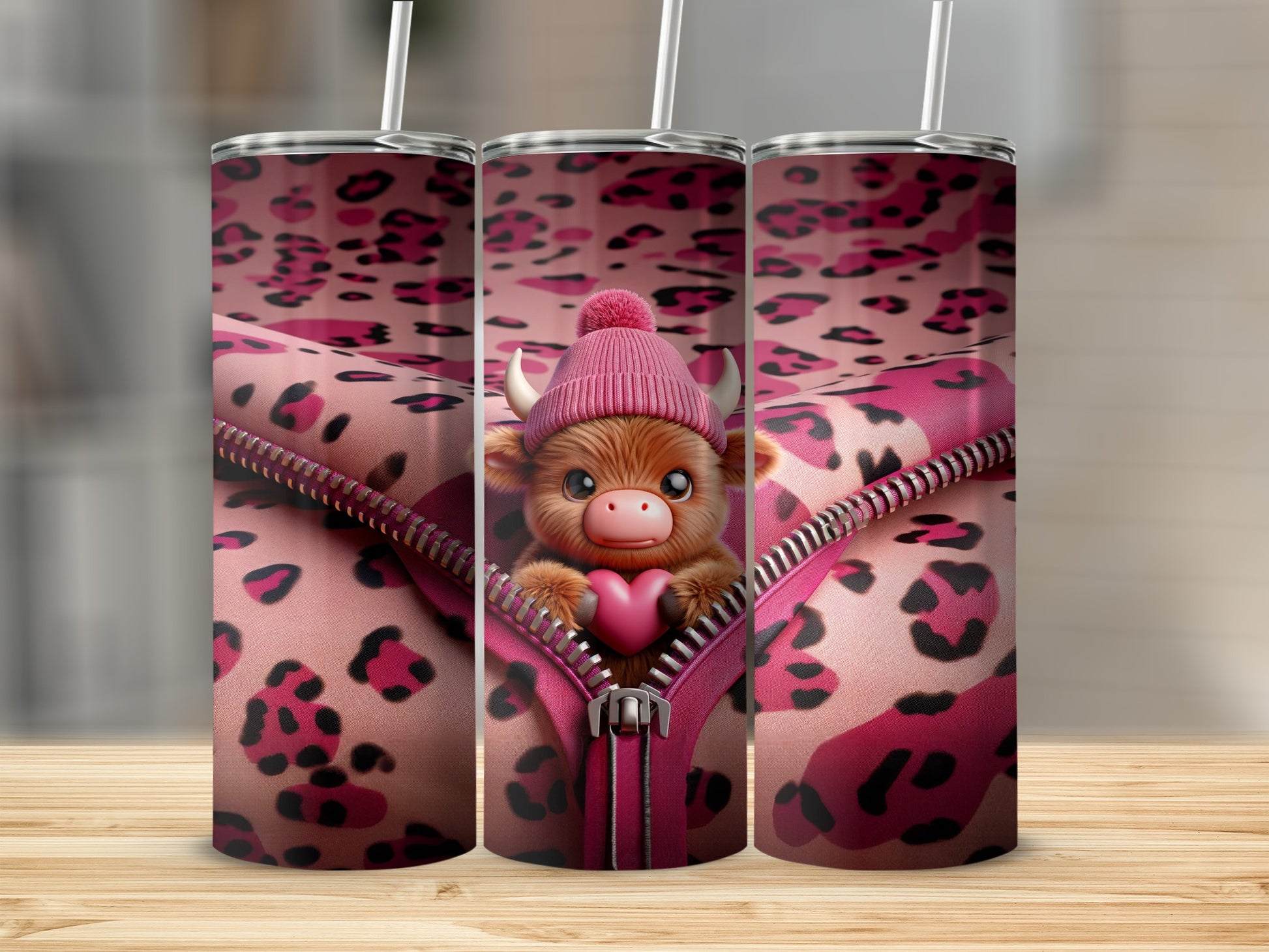 Pink leopard print tumbler with a cute cow wearing a pom-pom hat.
