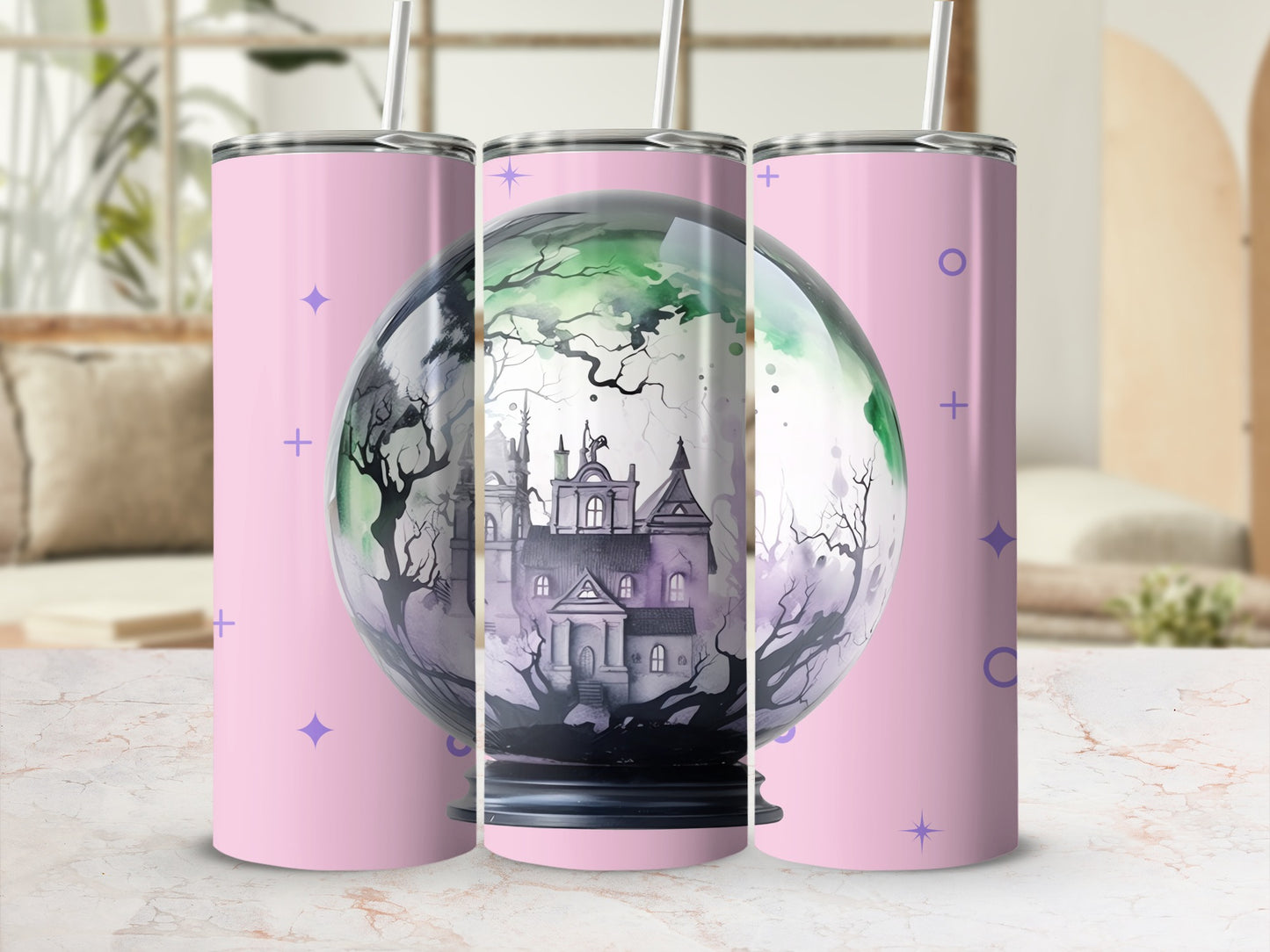 Spooky Haunted House Tumbler with Straw for Halloween
