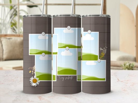 Three tumblers with wood grain pattern and photo frame design.