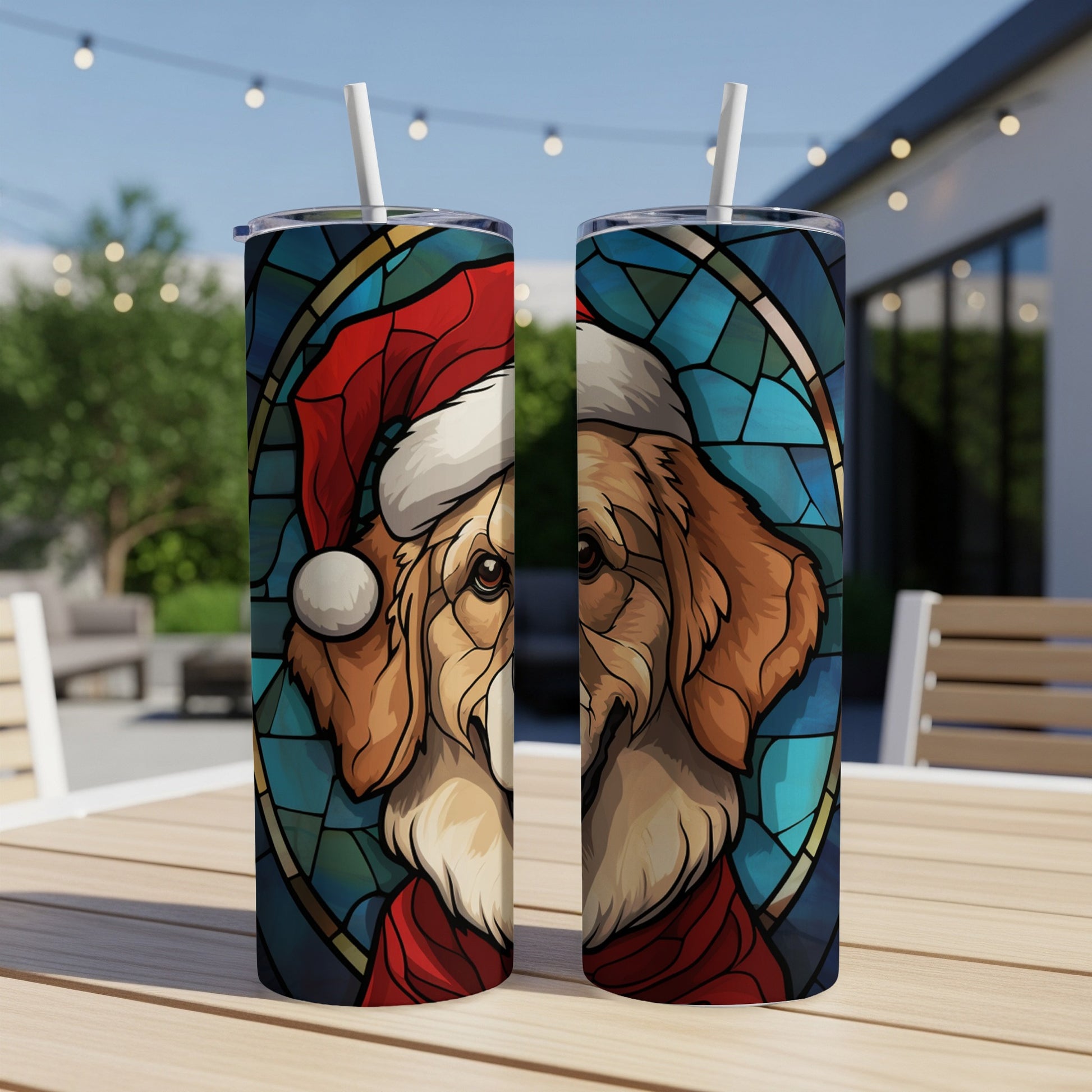 Golden retriever wearing Santa hat and scarf, stained glass art design.