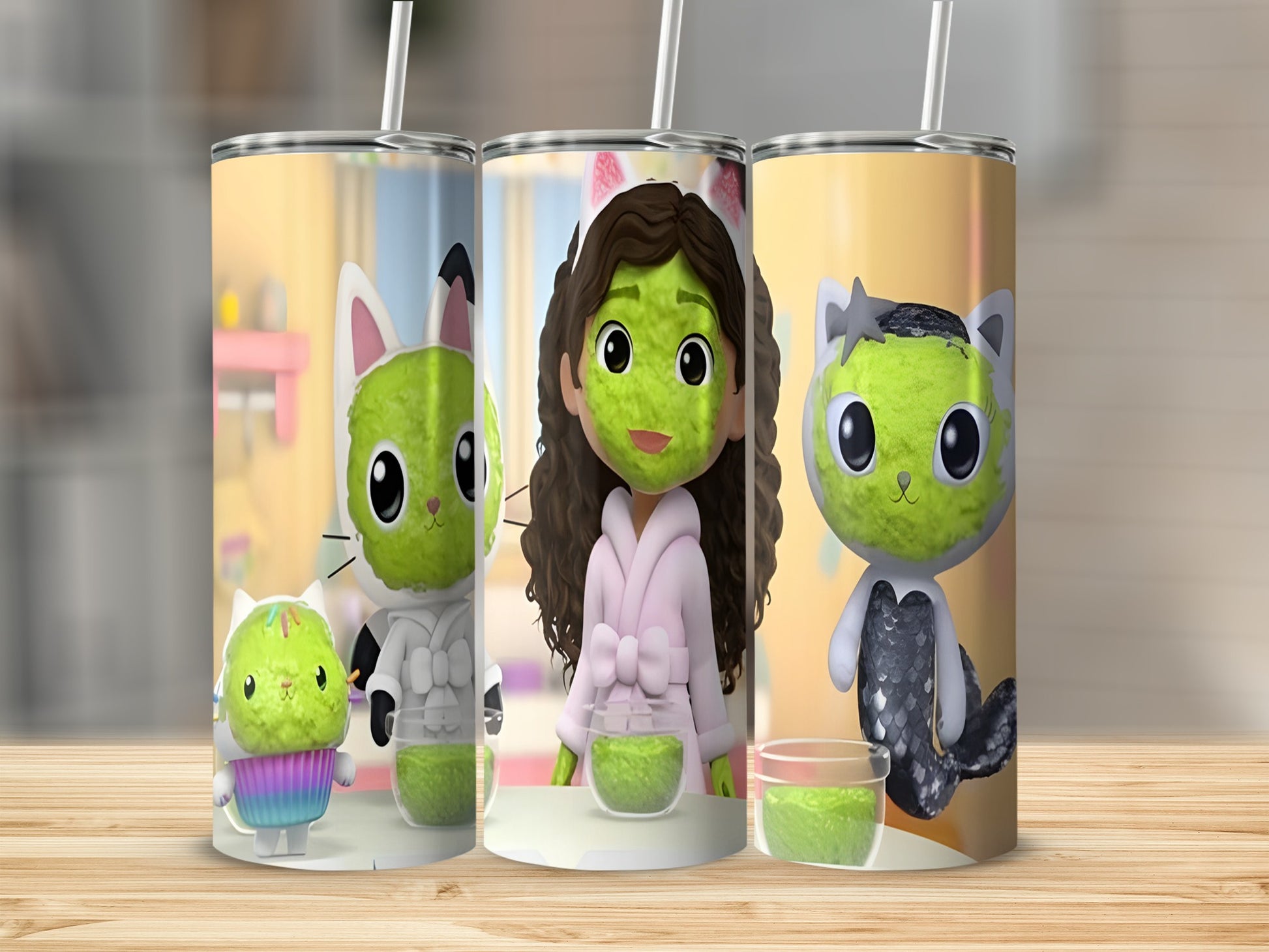 Gabby's Dollhouse characters on a tumbler with pastel background and wood texture.