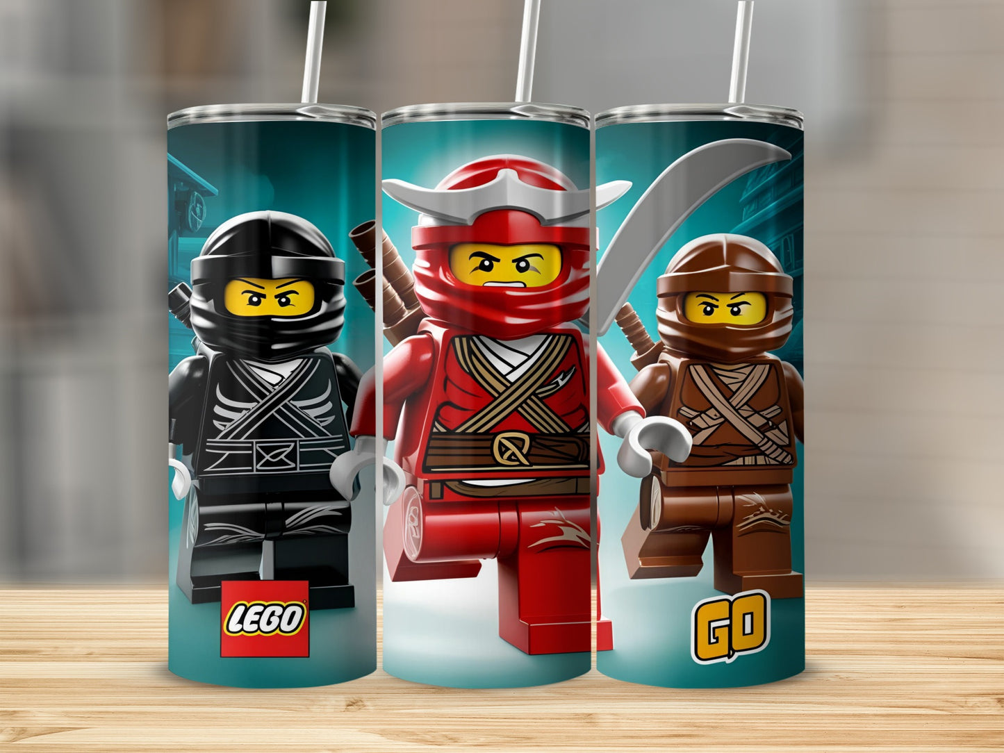 Three Lego Ninjago characters in black, red, and brown outfits on a tumbler.