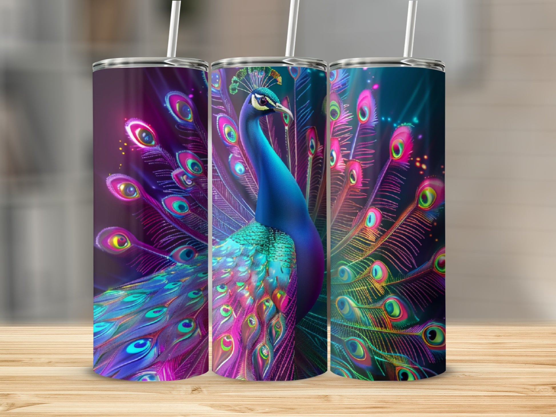 Three colorful tumblers featuring a peacock with fanned tail feathers.