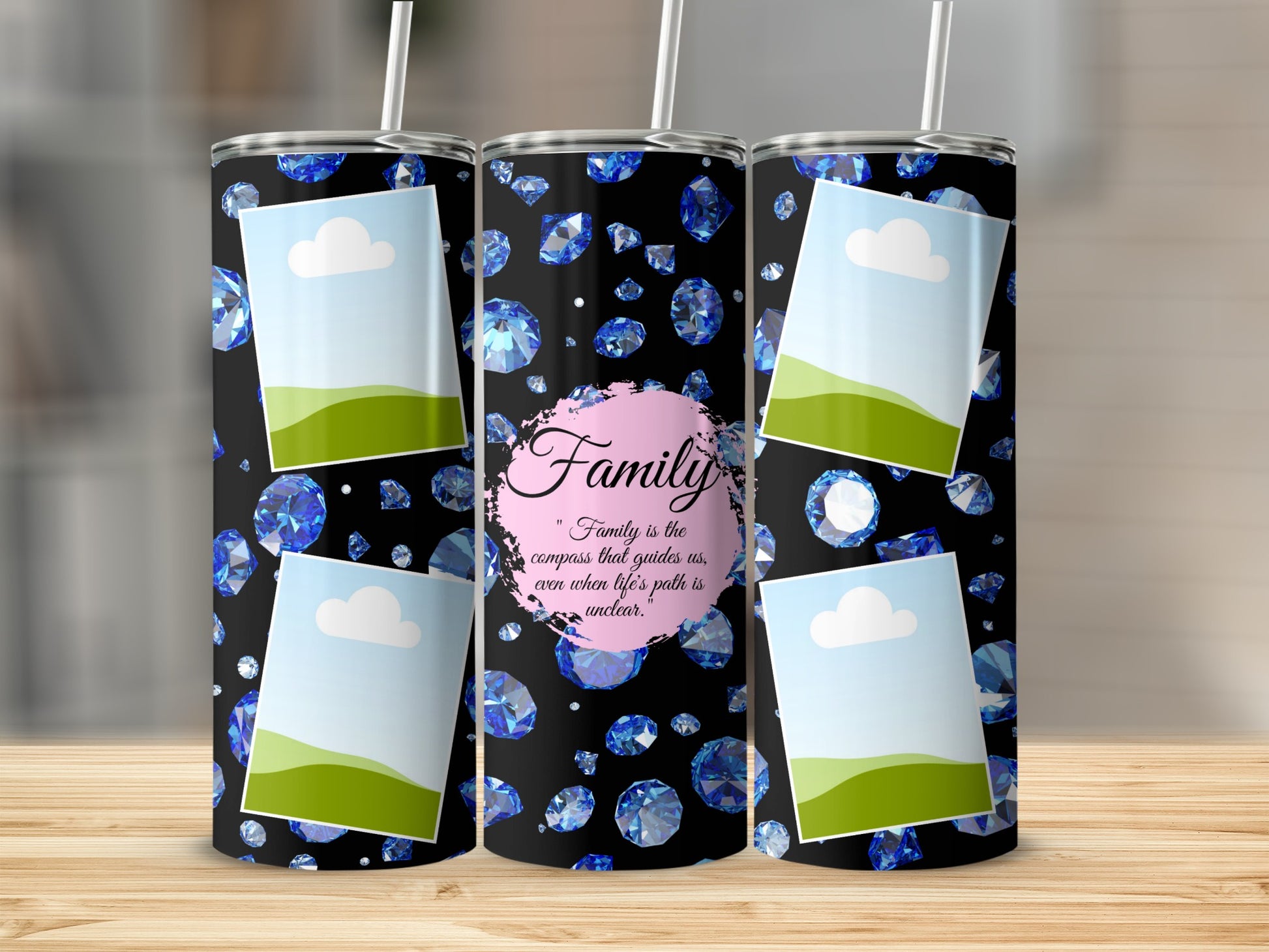 Tumbler with black background, blue diamonds, and "Family" quote.