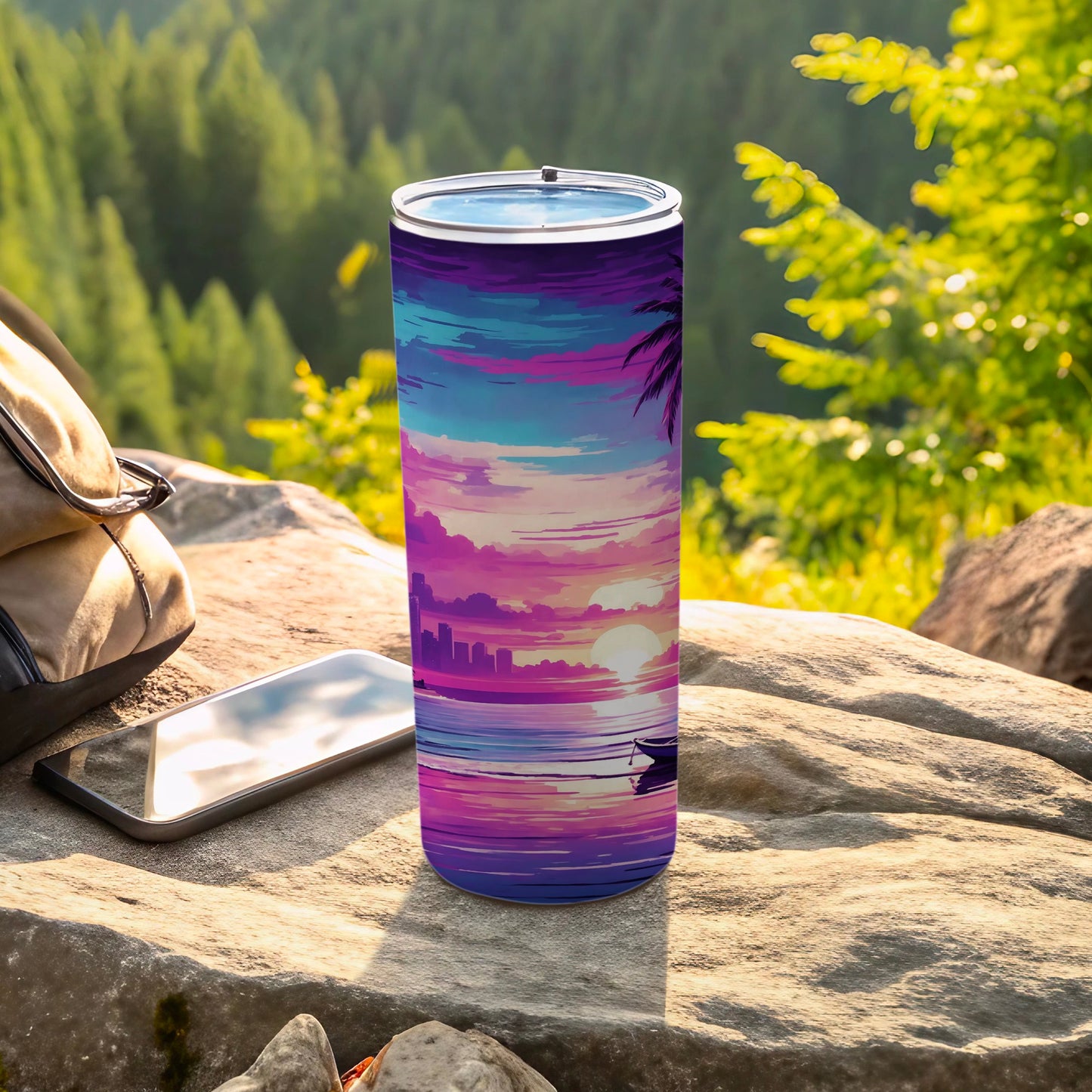 Tall tumbler with vibrant sunset beach scene, palm tree, city skyline, and boat.