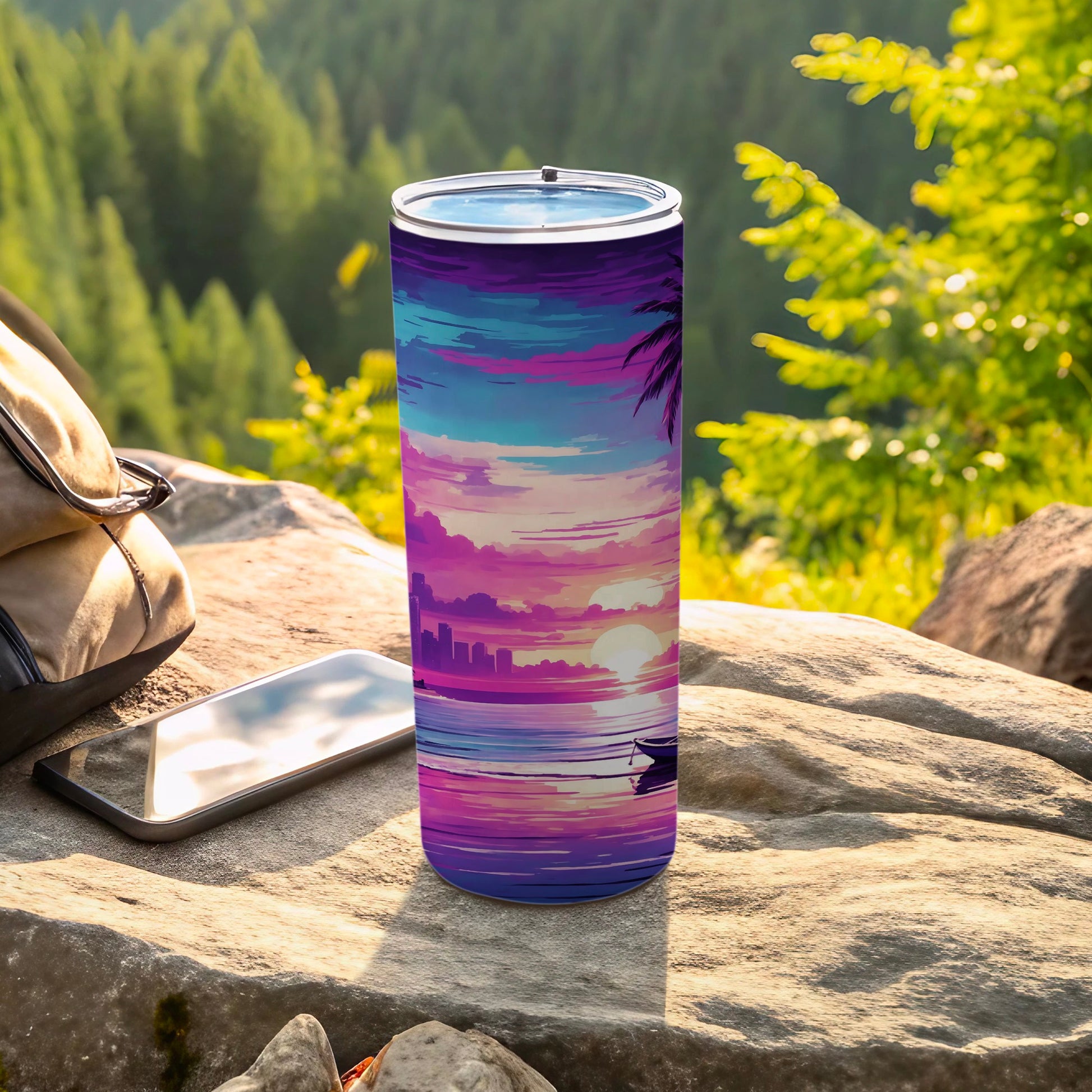 Tall tumbler with vibrant sunset beach scene, palm tree, city skyline, and boat.