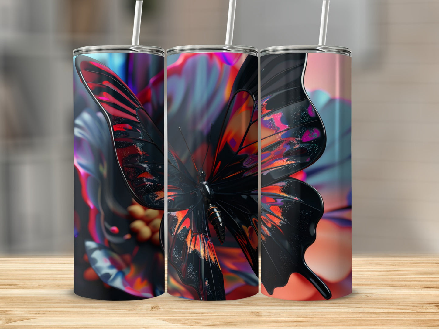 Three tumblers featuring a close-up of a black and orange butterfly on a floral background.