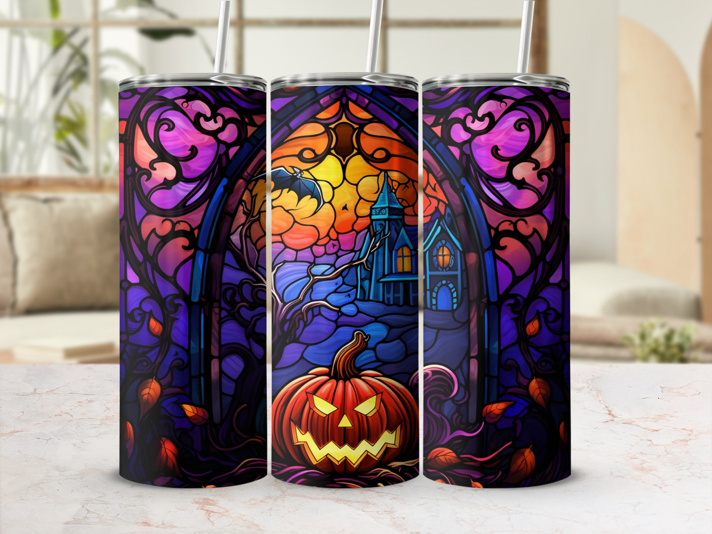 Halloween stained glass tumbler featuring pumpkin, castle, and bat.