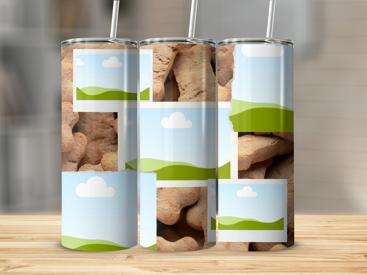 Three tumblers with a bone-shaped cookie pattern and playful cloud graphics.