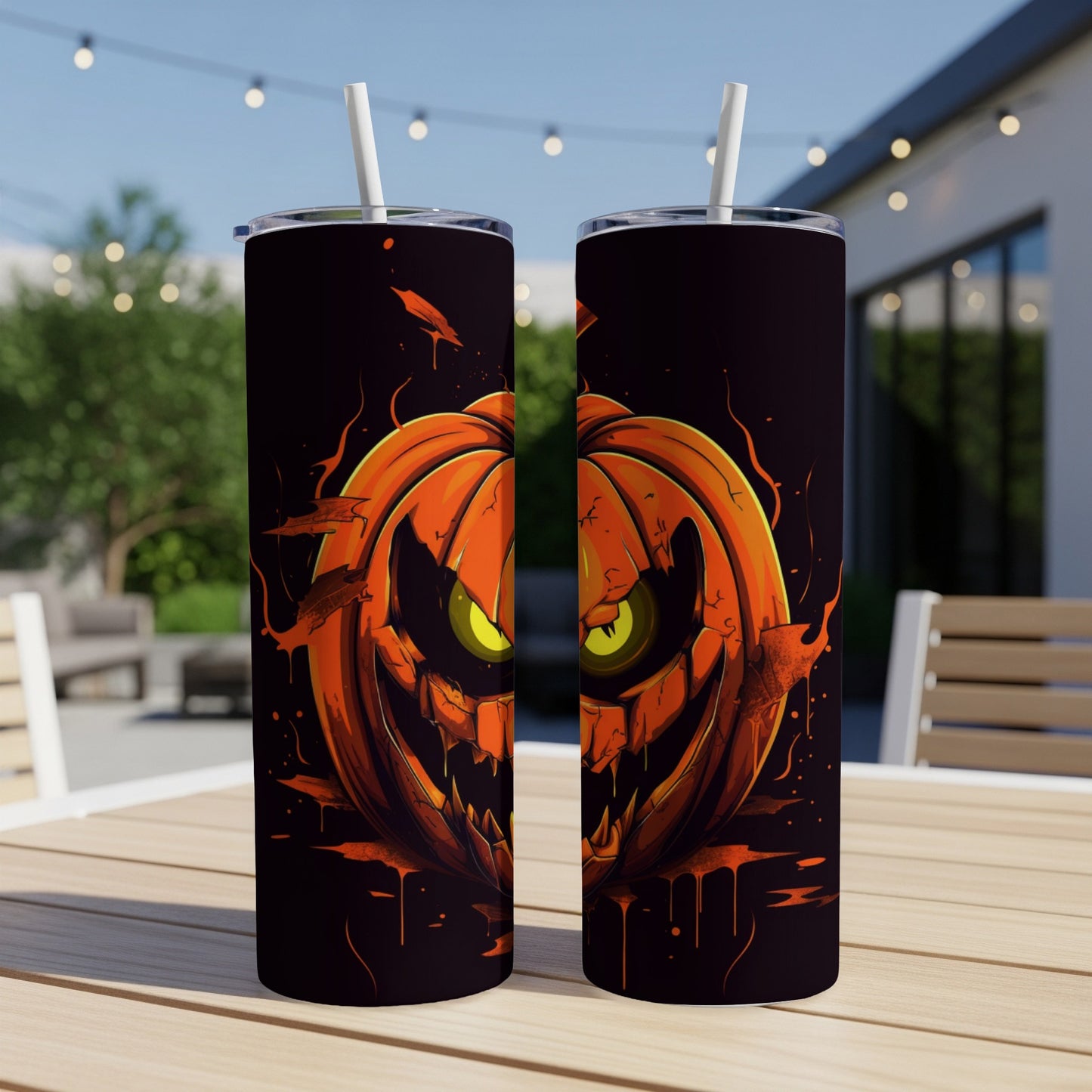 Two tumblers with a spooky, melting jack-o'-lantern design.