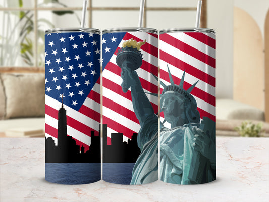 Statue of Liberty and American flag design on three tumblers.