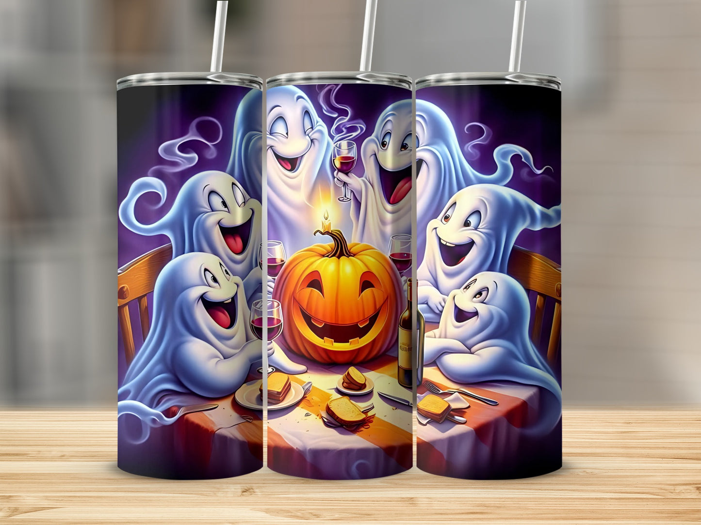 Cartoon ghosts celebrate around a jack-o'-lantern with wine and snacks.