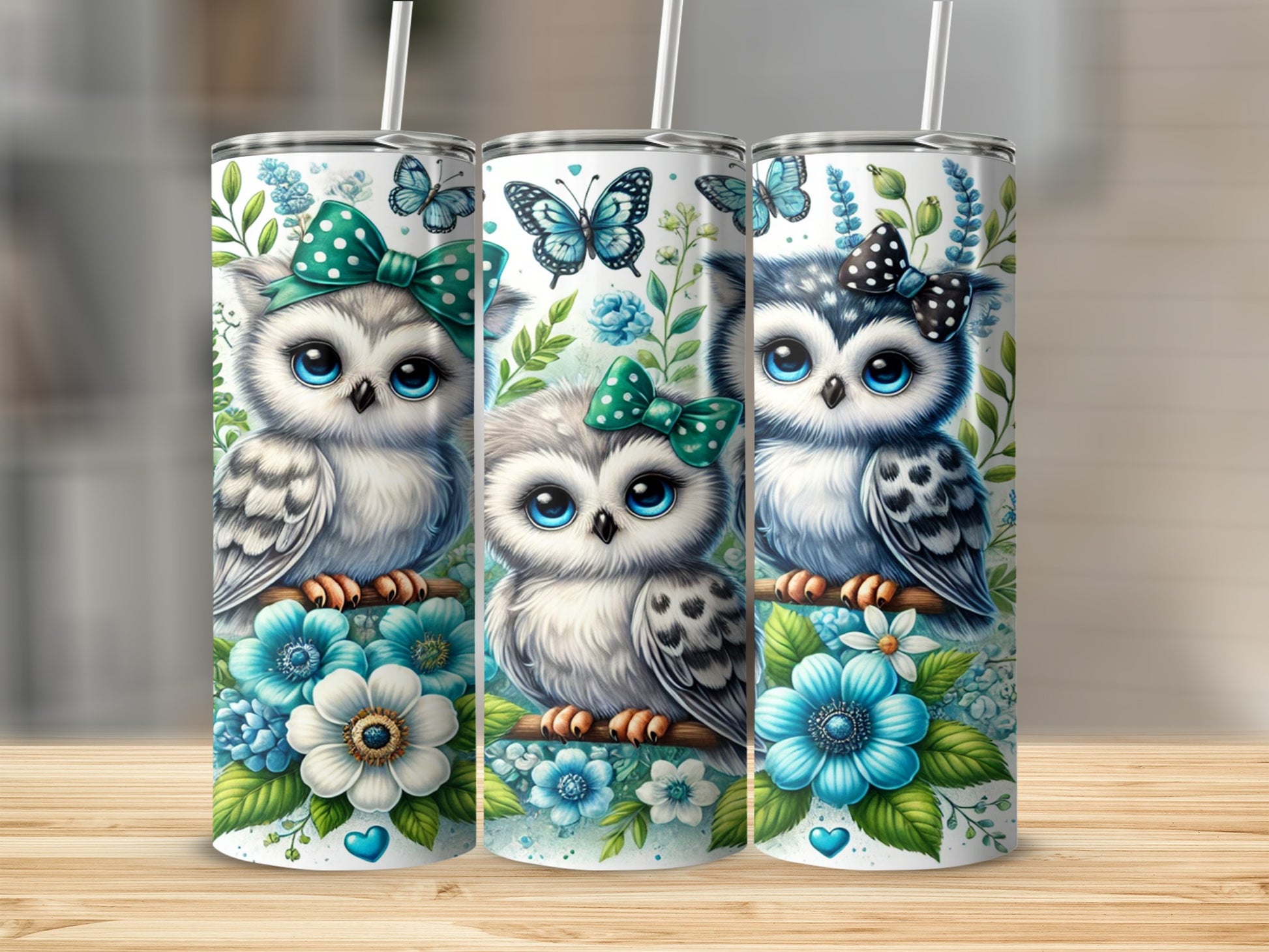 Cute Owl Print Tumbler with Straw for Kids and Adults