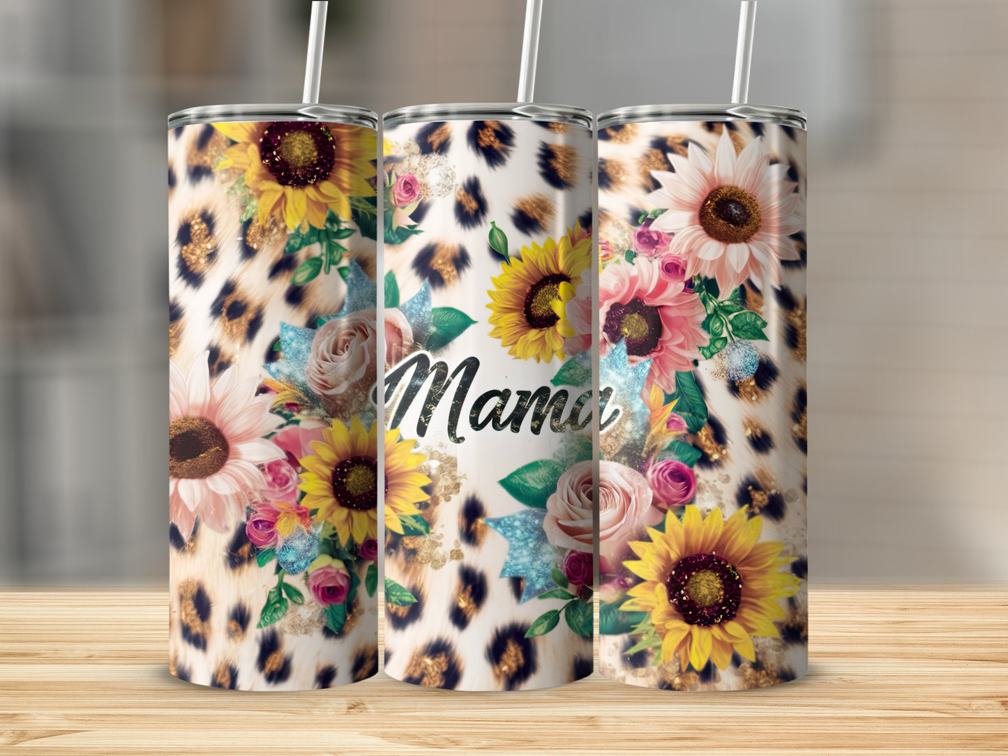 Three tumblers with leopard print, sunflowers, and floral accents.