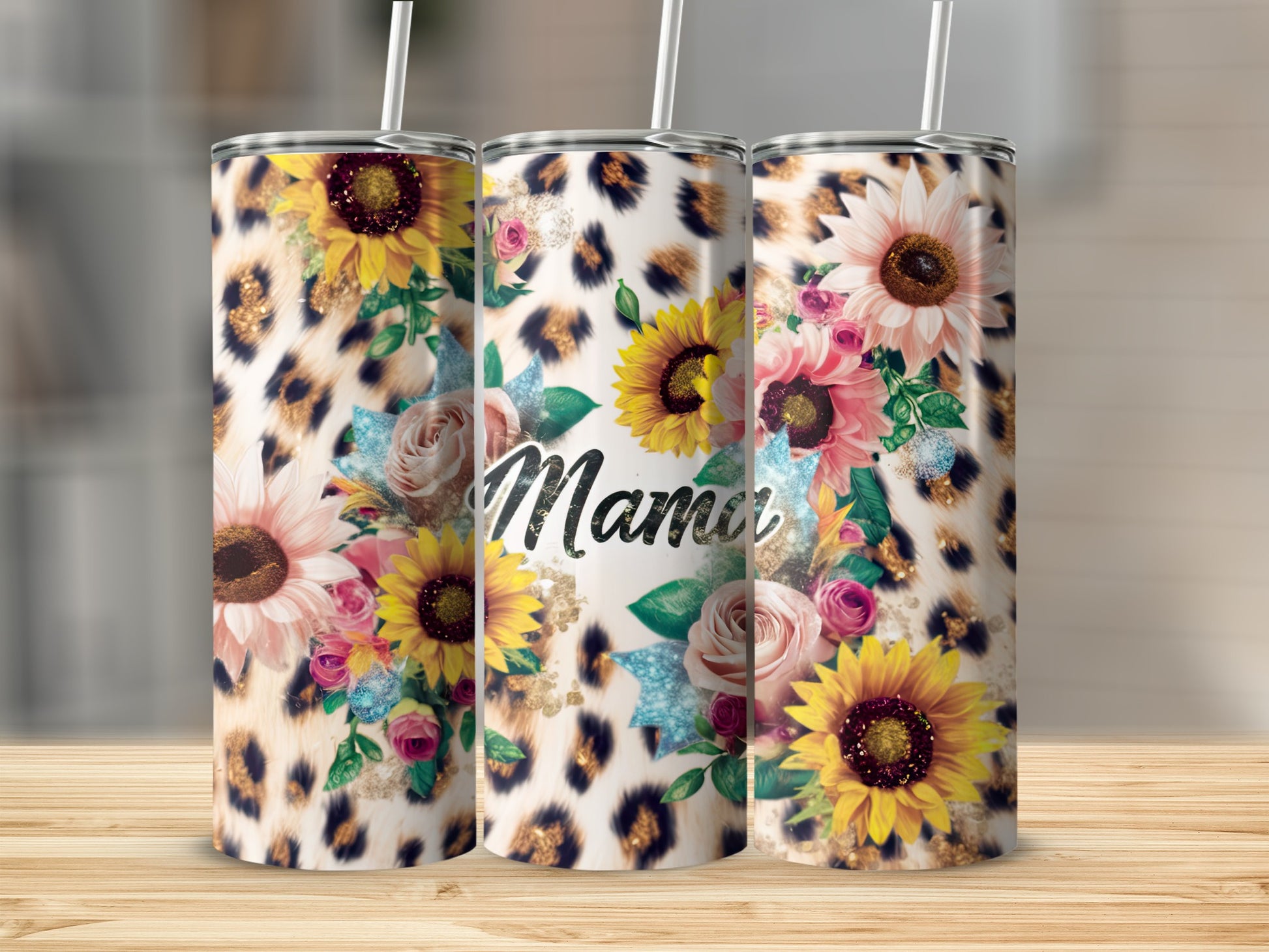 Three tumblers with leopard print, sunflowers, and floral accents.