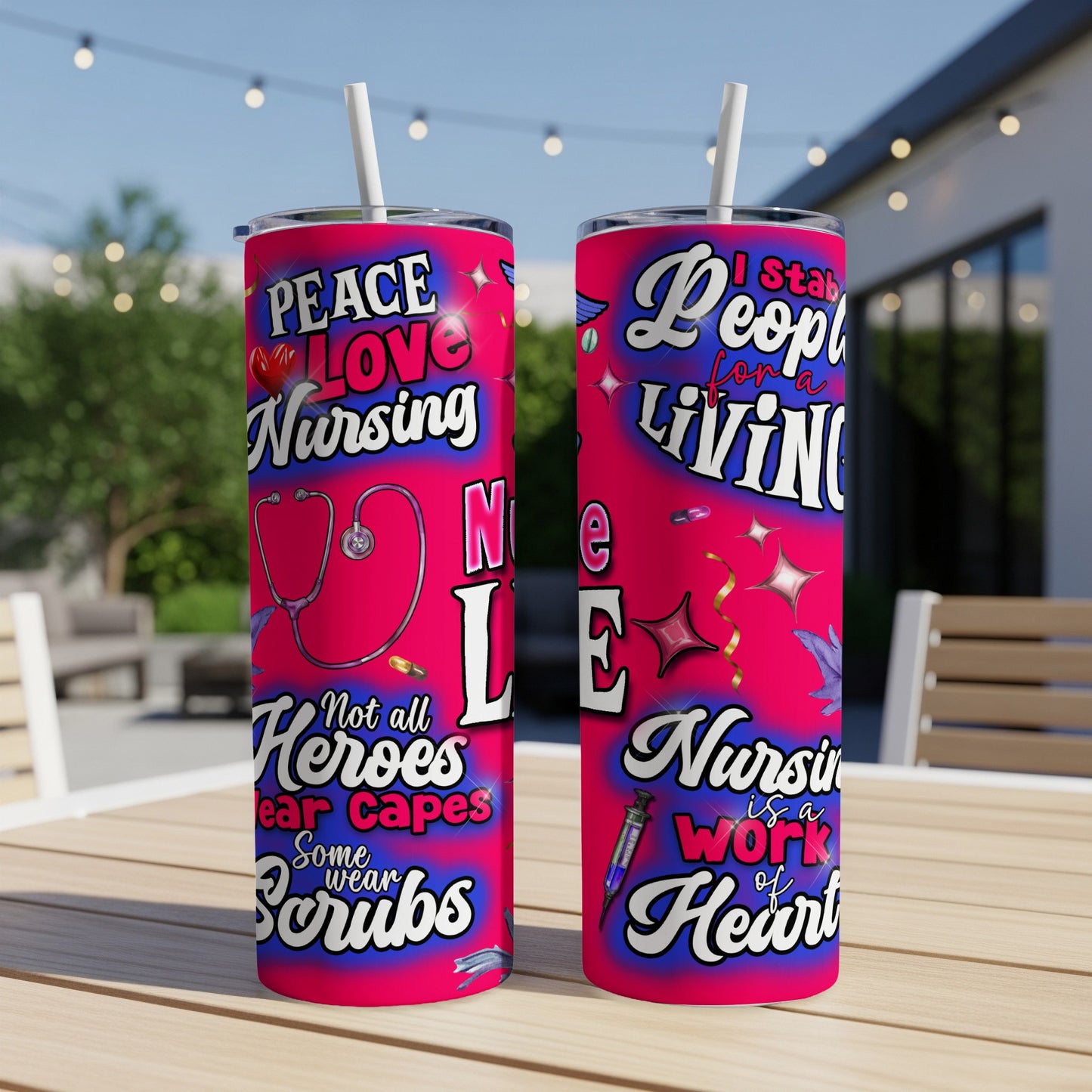 Pink tumblers with "Peace Love Nursing" and "People for a Living" text.