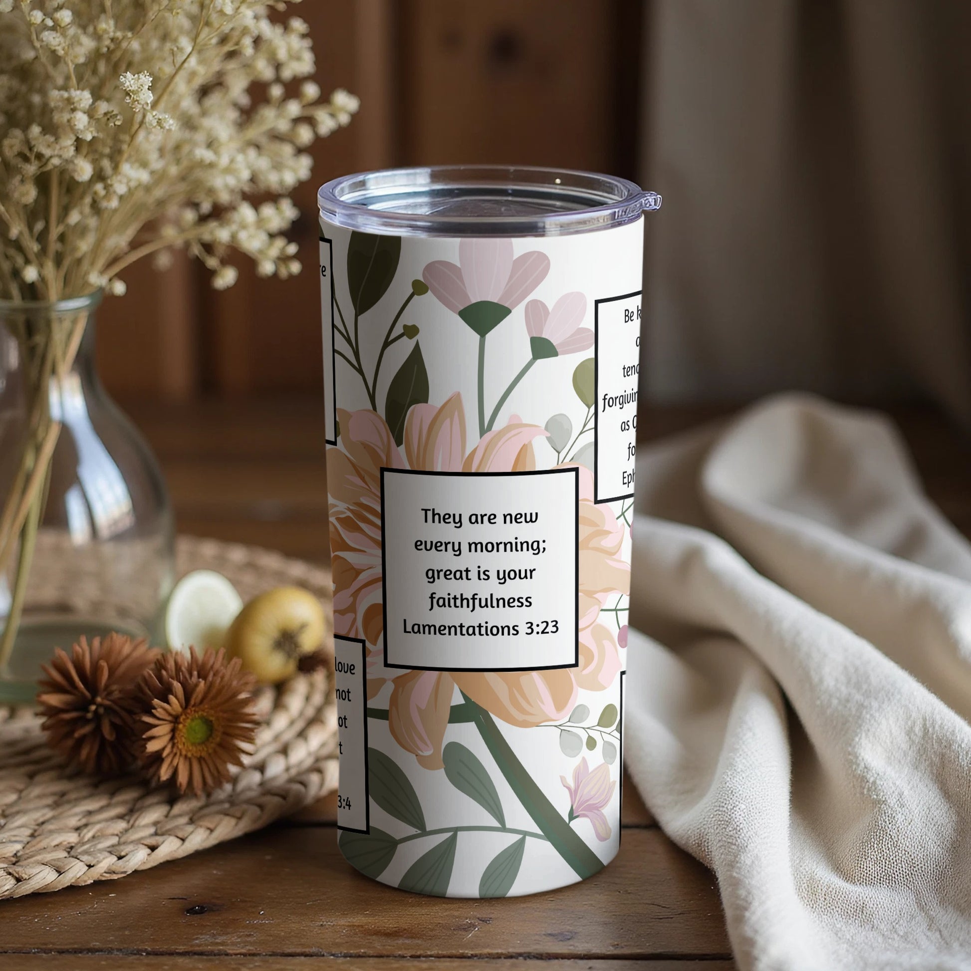 Inspirational Tumbler with Floral Design Lamentations 3:23