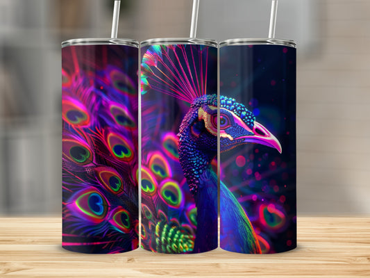 Three tumblers feature a vibrant, close-up peacock with iridescent feathers.
