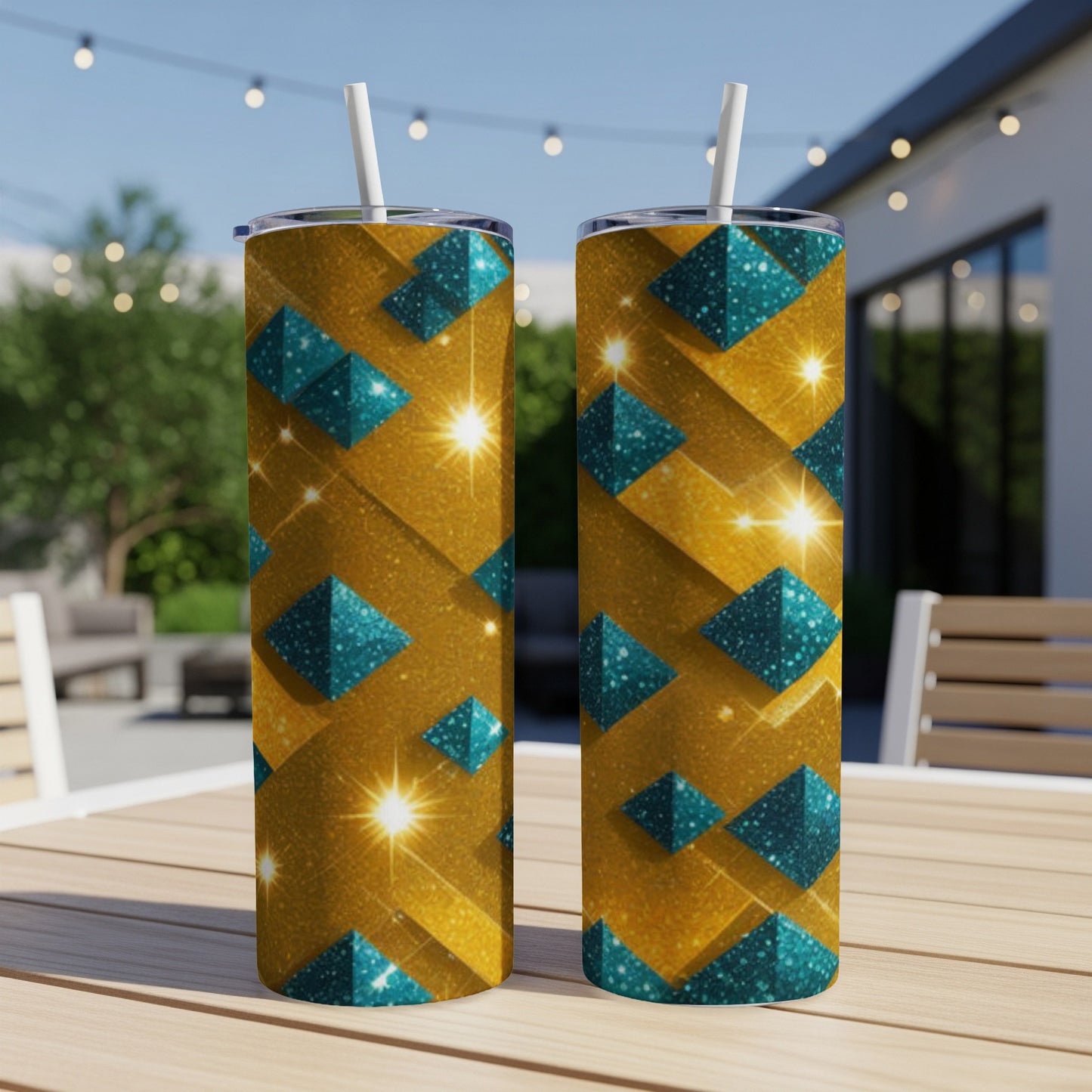 Two tall tumblers with a gold and teal geometric diamond pattern.