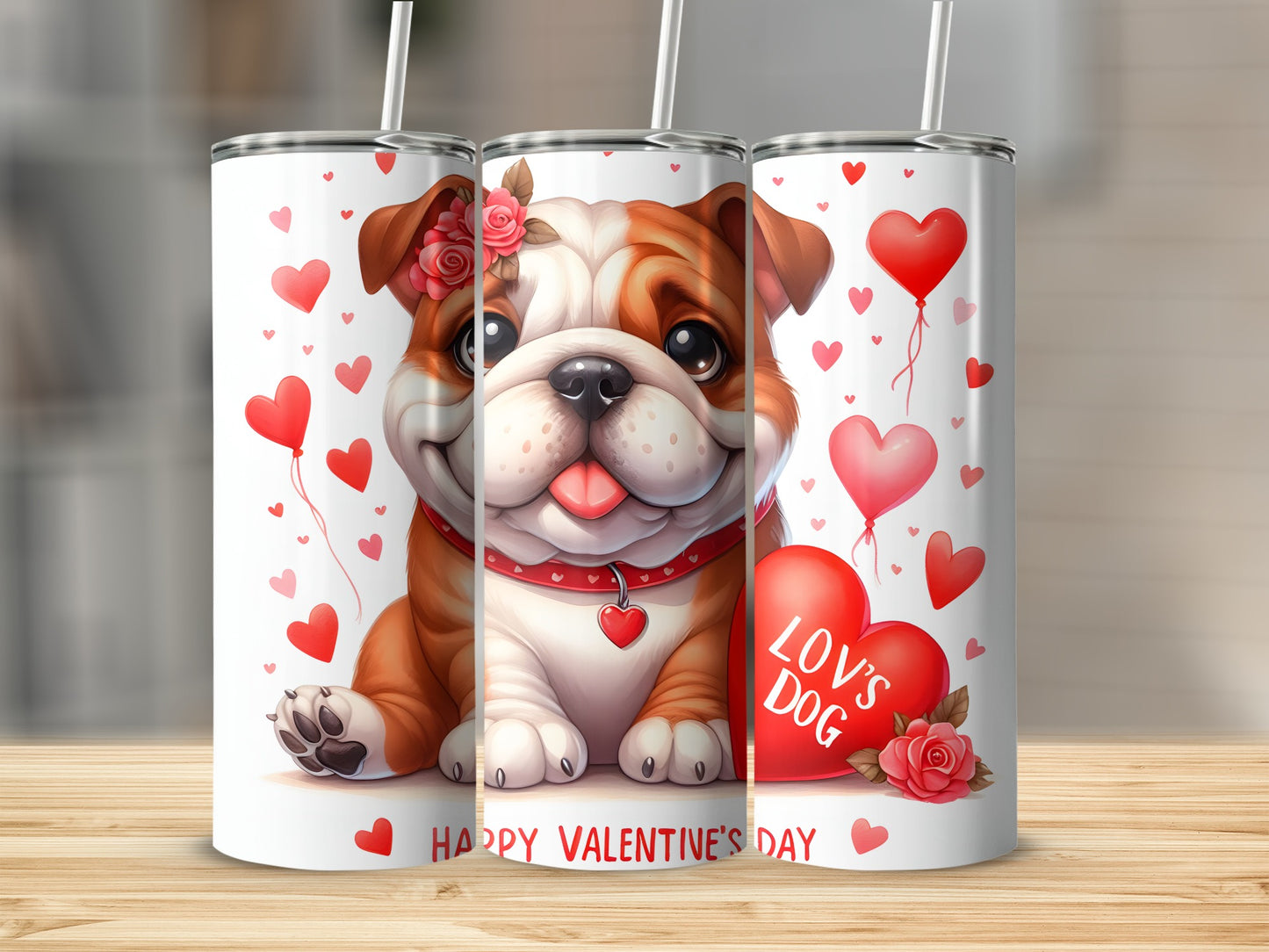 Bulldog with "Lov's Dog" heart, surrounded by hearts and roses.