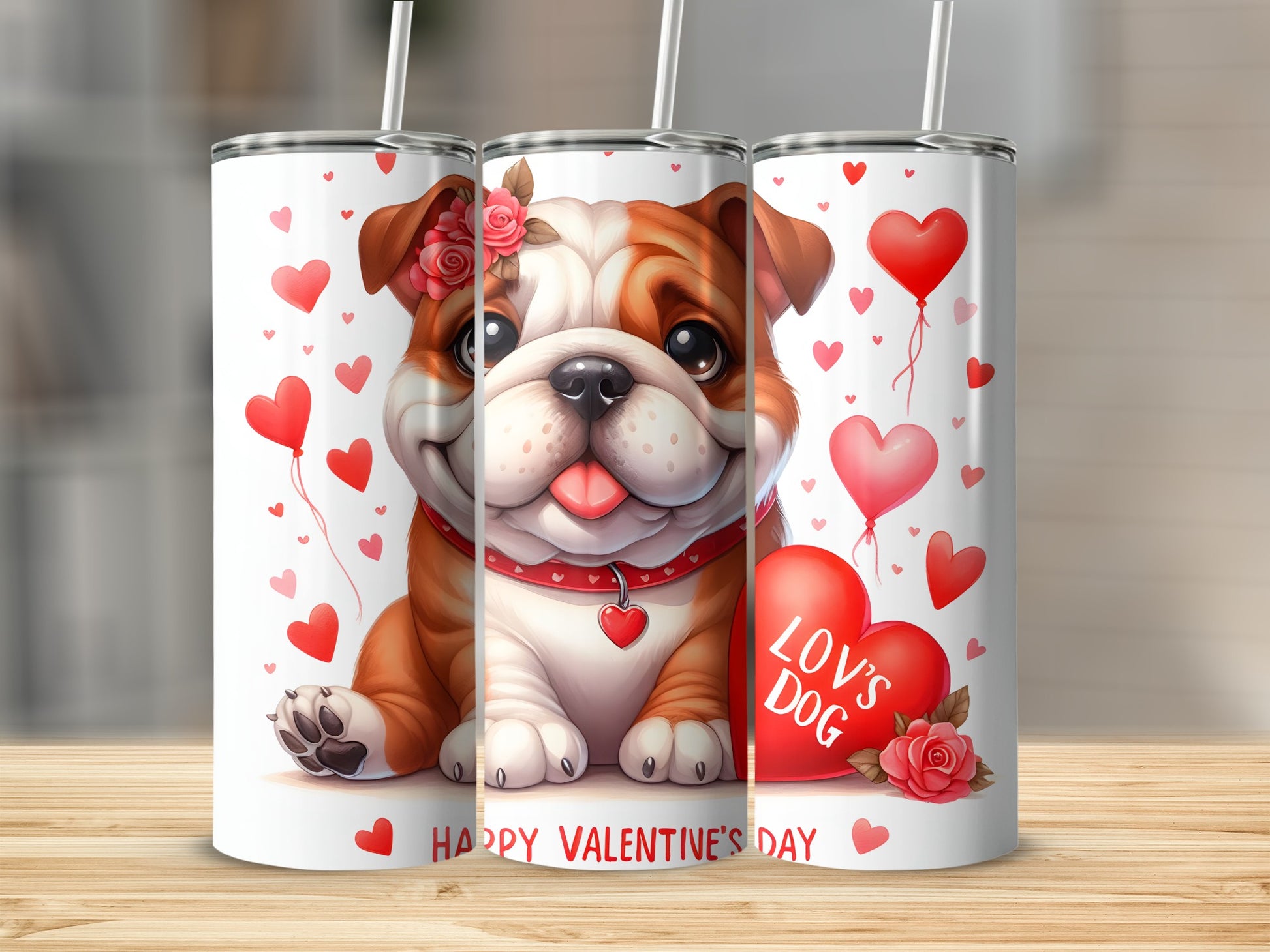Bulldog with "Lov's Dog" heart, surrounded by hearts and roses.