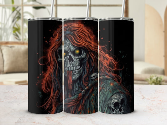 Three tumblers with a grim reaper skeleton design and flowing red hair.