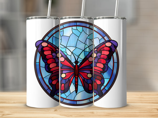 White tumblers with stained glass butterfly design.