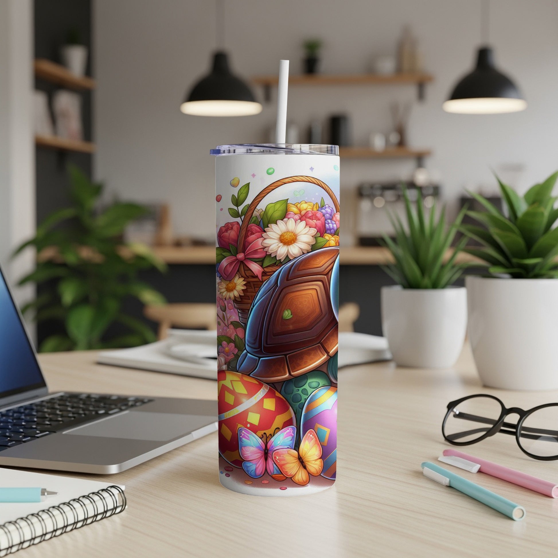 Easter tumbler with turtle, eggs, butterflies, and flowers.