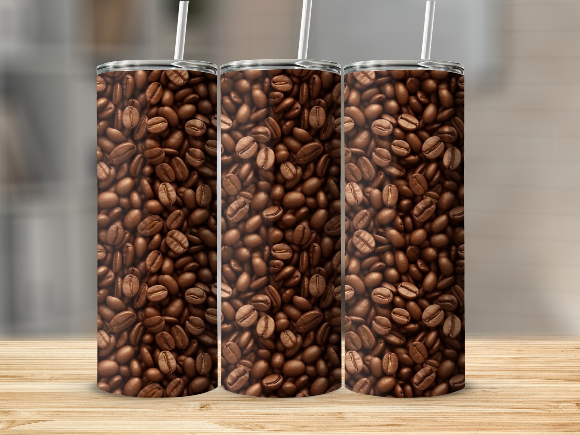 Three tumblers with a pattern of roasted coffee beans.