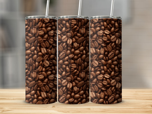 Three tumblers with a pattern of roasted coffee beans.