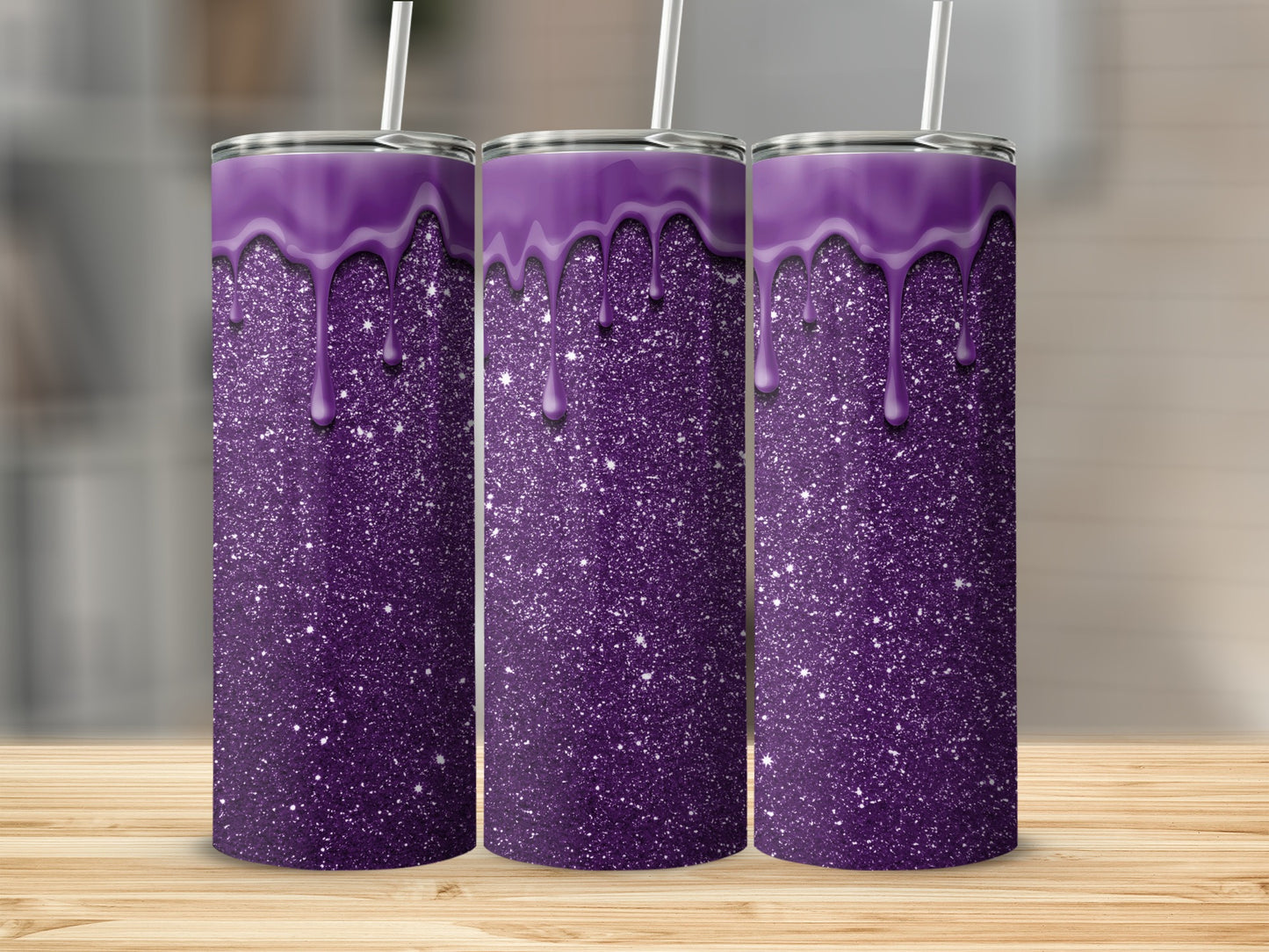 Purple Glitter Tumbler with Dripping Paint Design