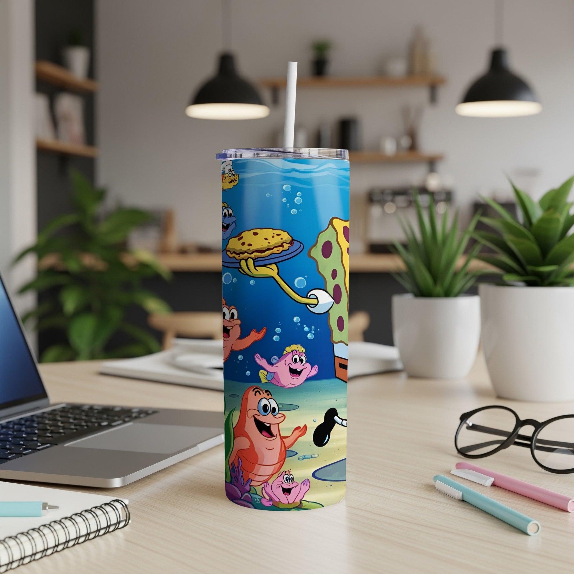 SpongeBob characters enjoying a pie on a colorful tumbler.