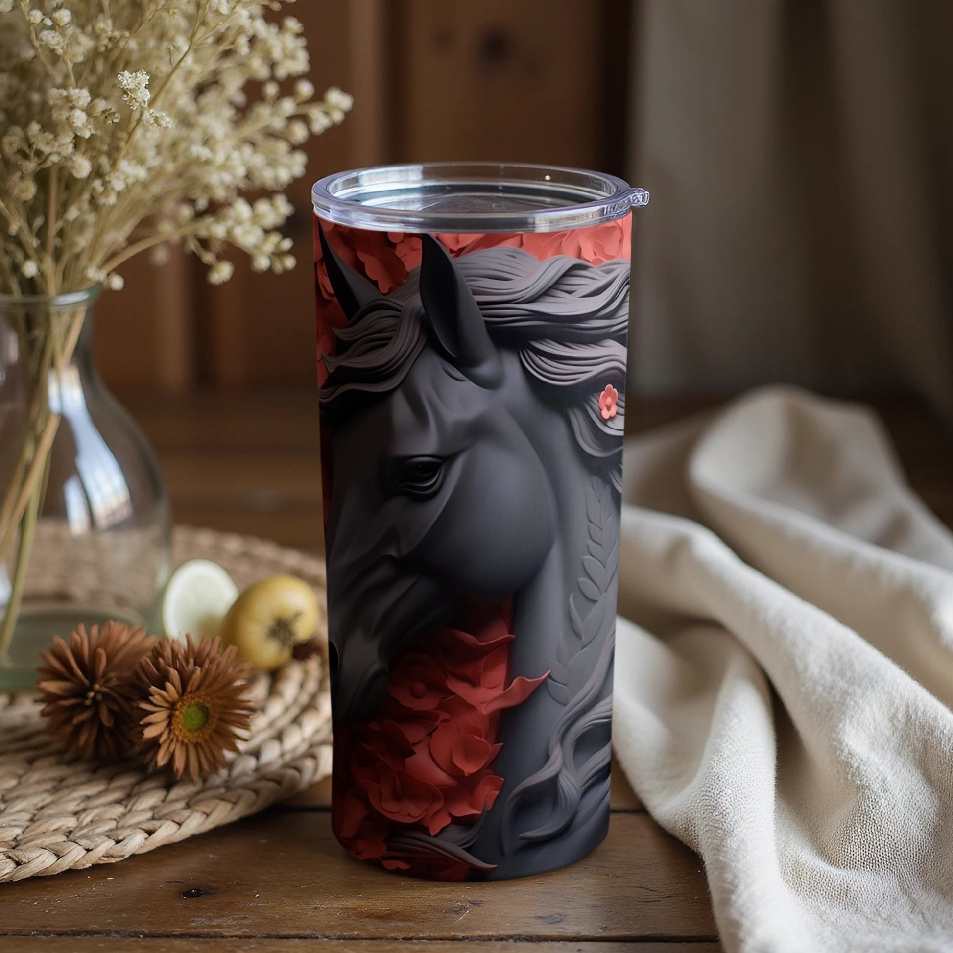 Artistic Black Horse and Red Roses Insulated Tumbler