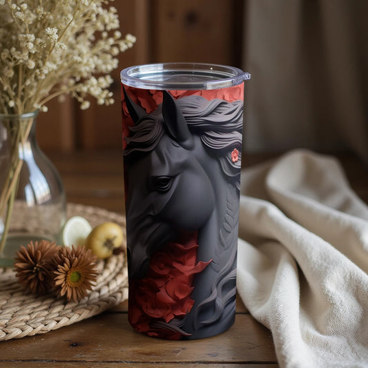 Artistic Black Horse and Red Roses Insulated Tumbler
