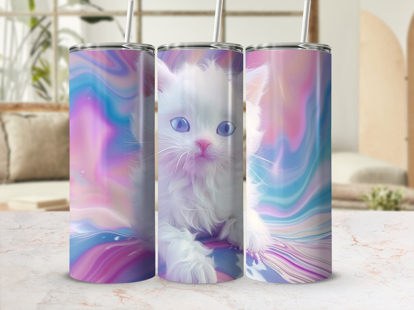 Fluffy white kitten with blue eyes on a pastel abstract background.
