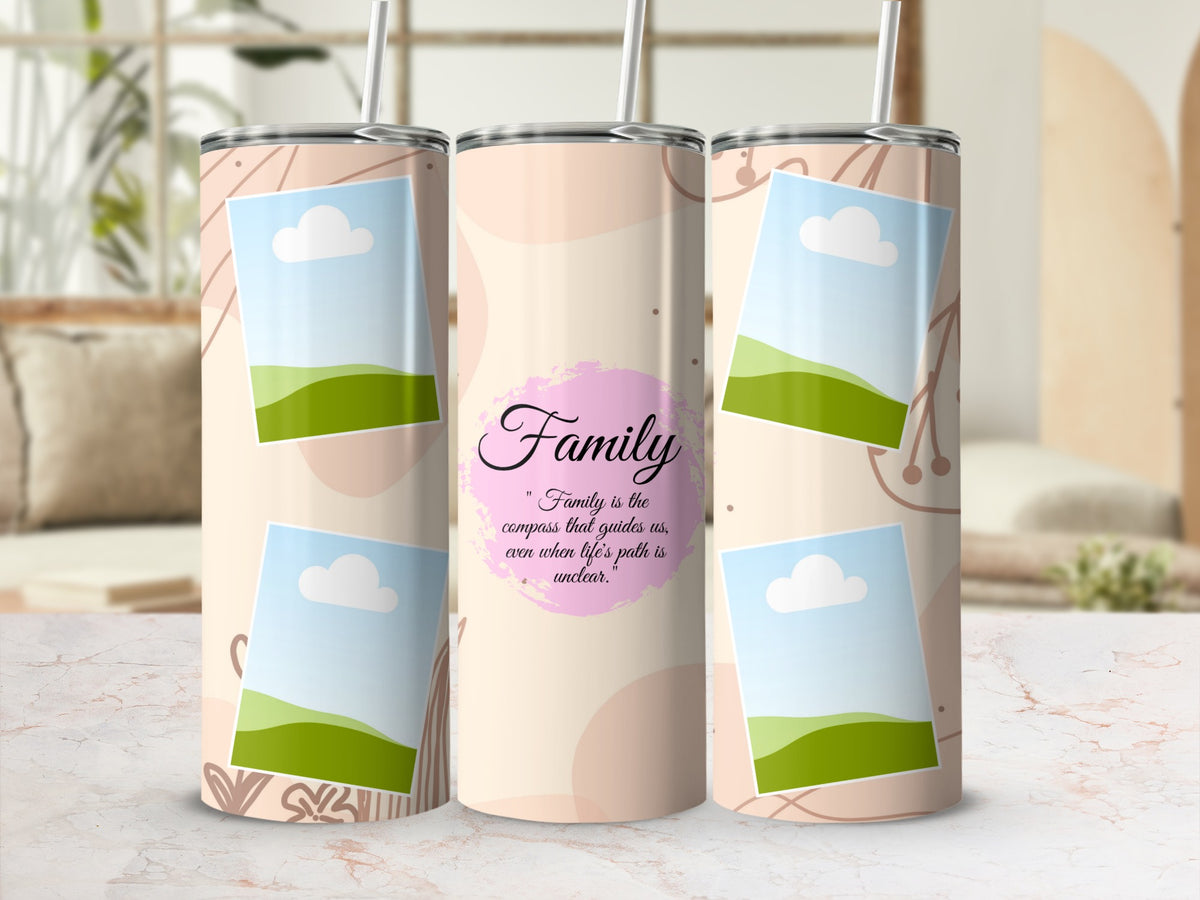 Tumbler with a "Family" quote and picture frame designs.