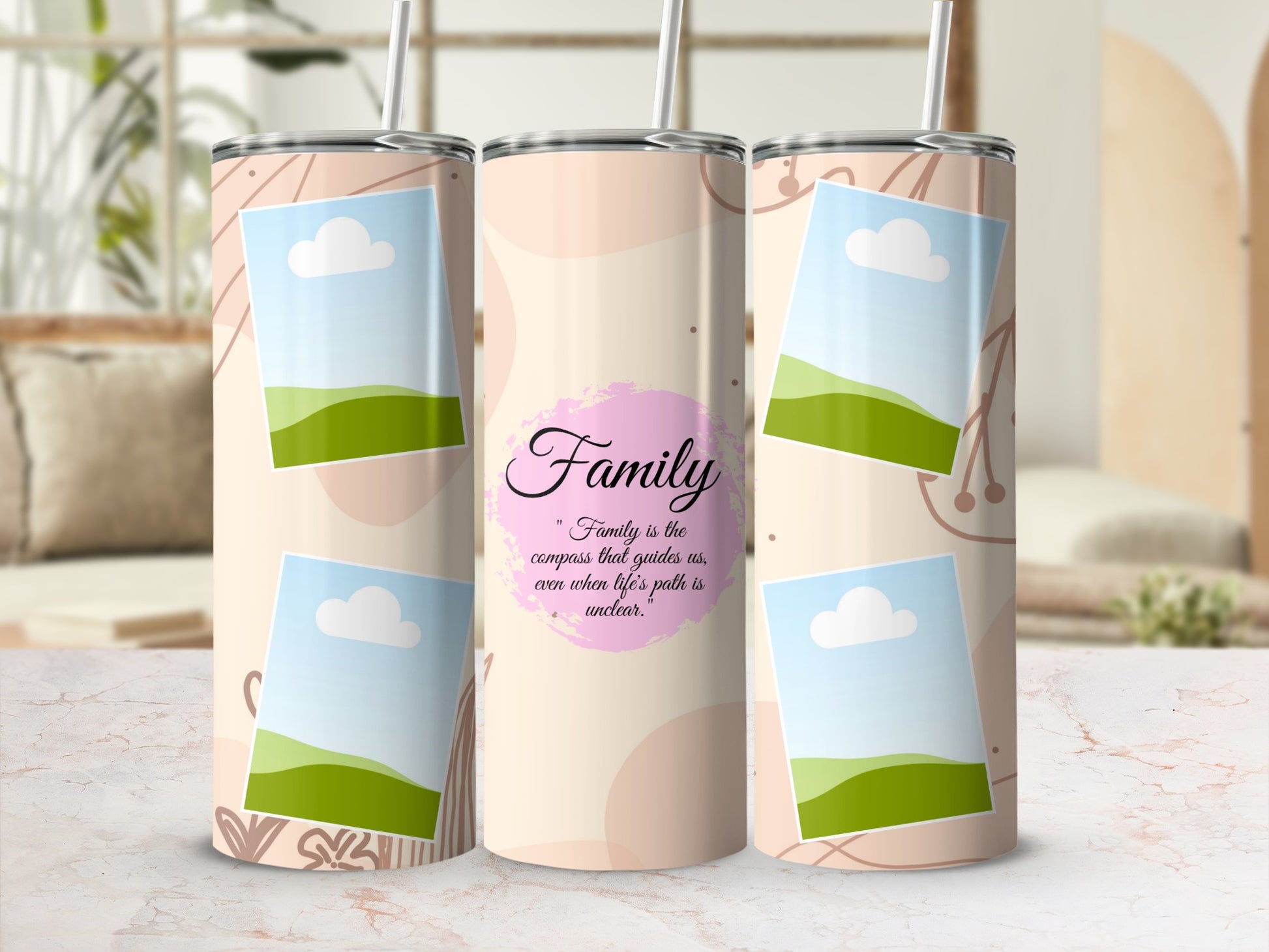 Tumbler with a "Family" quote and picture frame designs.