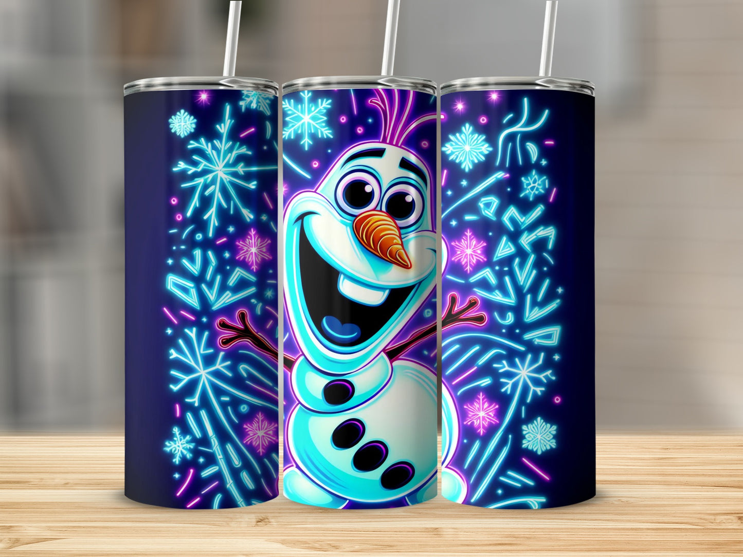 Vibrant Snowman Tumbler with Neon Snowflakes Design