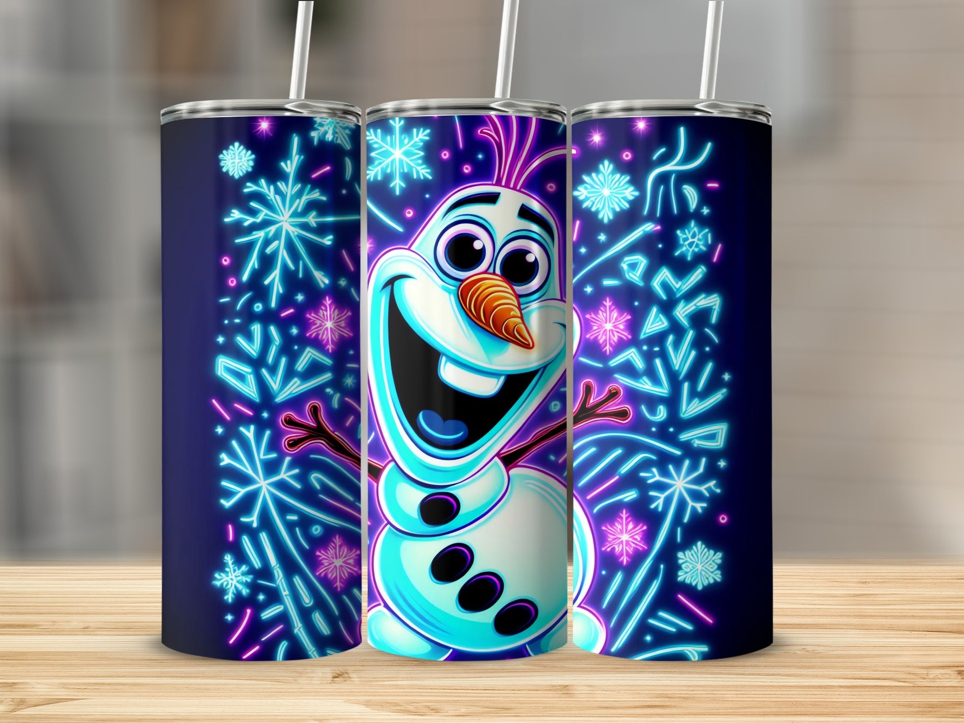 Vibrant Snowman Tumbler with Neon Snowflakes Design
