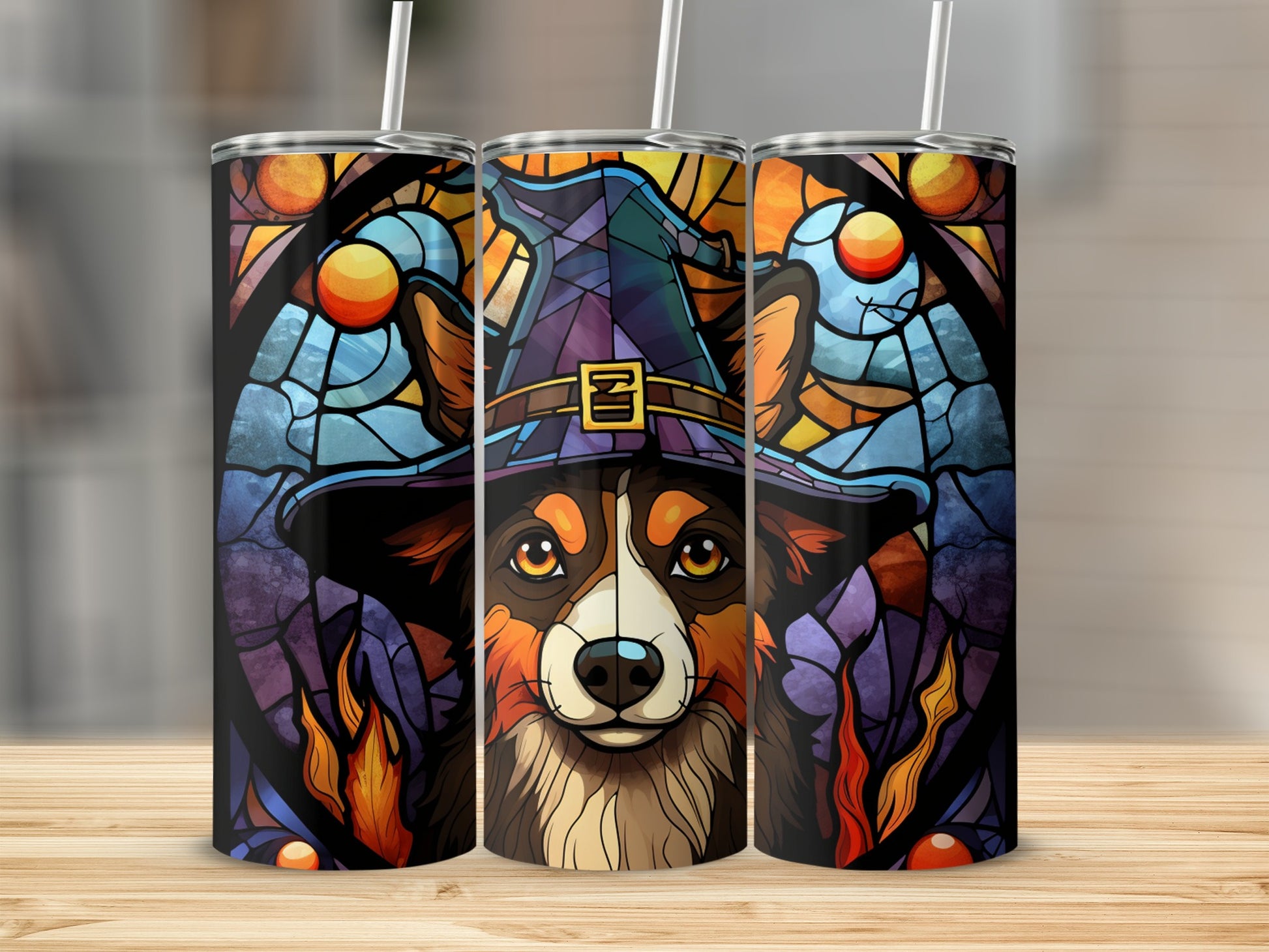 Corgi in witch hat on stained glass Halloween background tumbler.