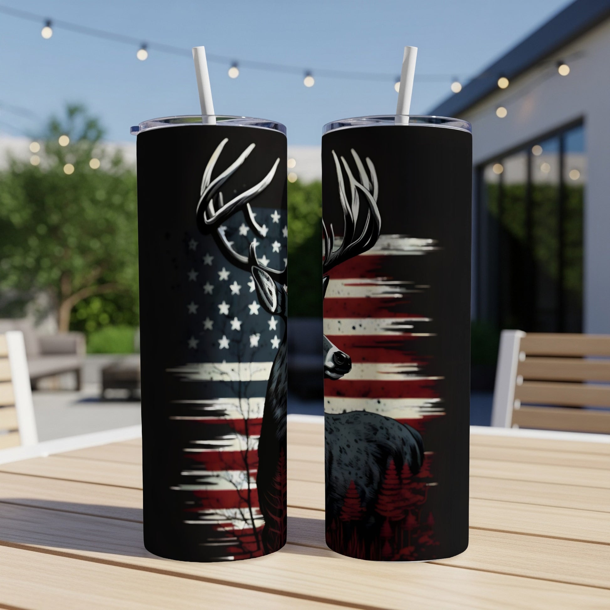 Tall tumbler with stag and American flag graphic.