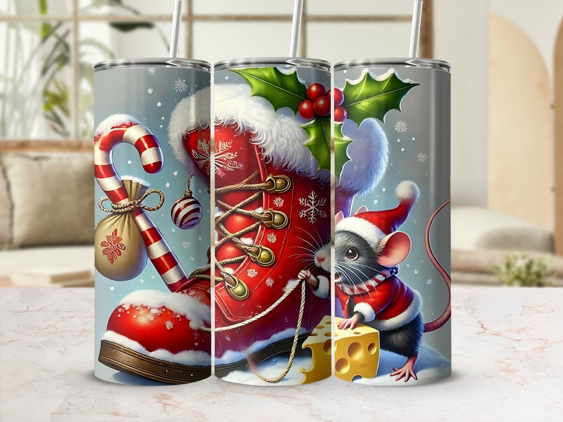 Festive Christmas Mouse and Boot Themed Tumbler Cup