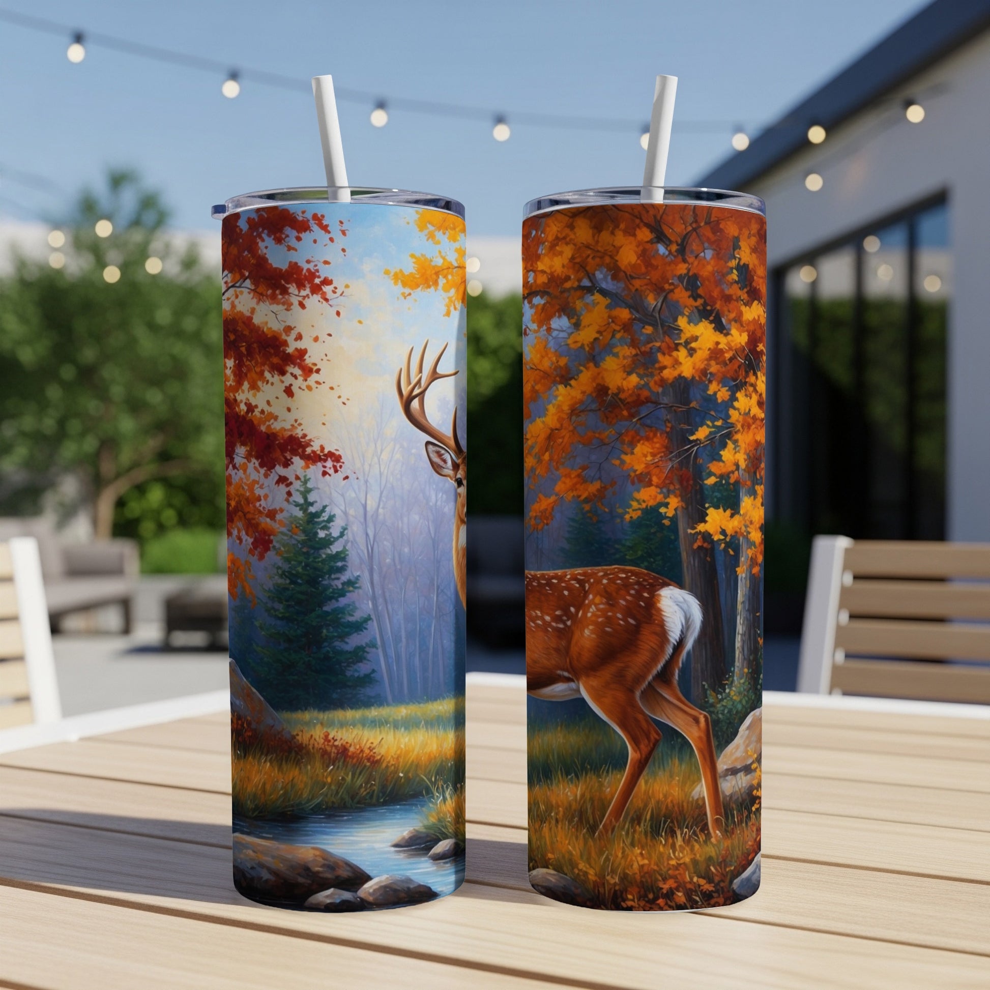 Deer in autumn forest scene on two insulated tumblers.