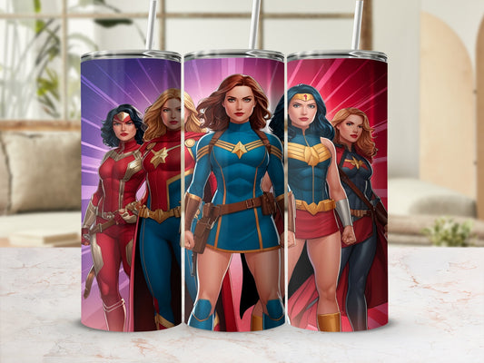 Four female superheroes in colorful costumes stand side-by-side.