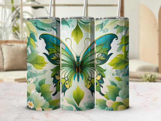 Three tumblers with a teal butterfly and green leaves design.