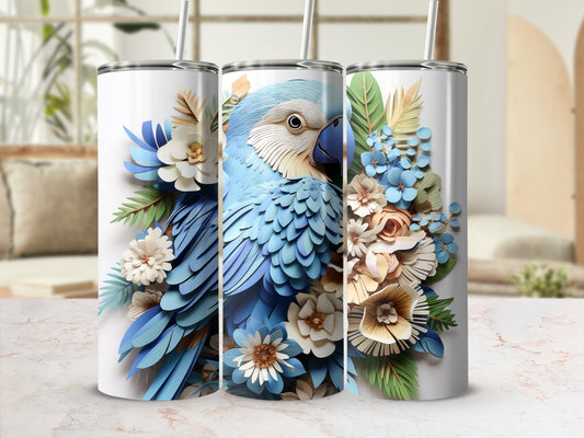 Three tumblers featuring a blue parrot with floral accents.