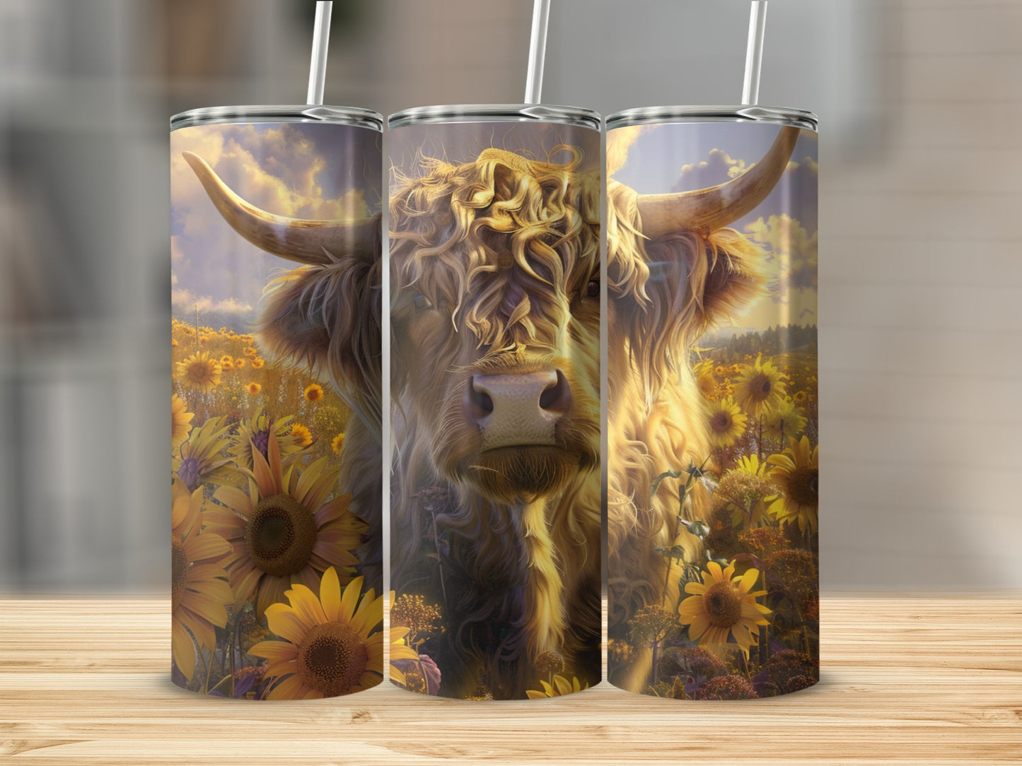 Highland cow in a field of sunflowers on a tumbler.