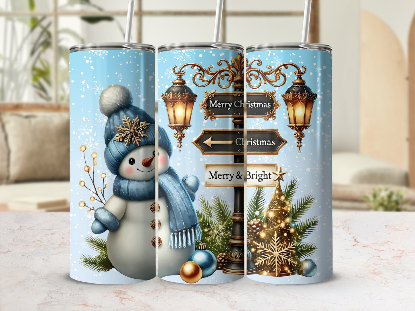 Merry Christmas Snowman and Lantern Tumbler Product