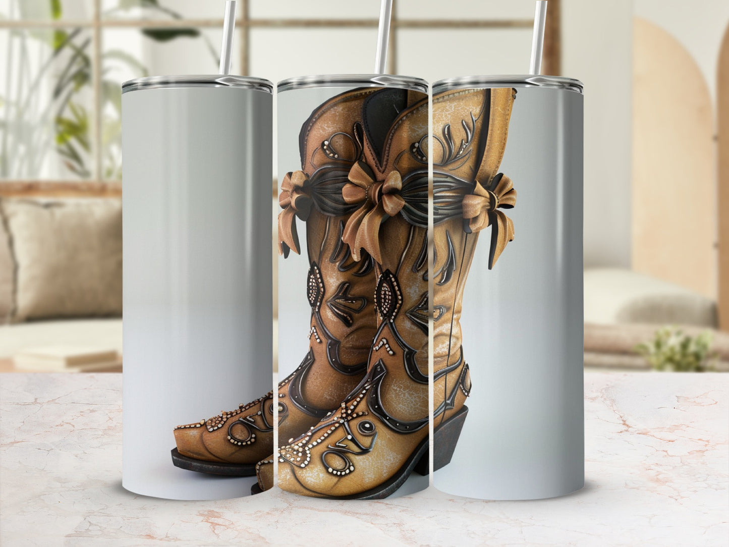 Cowboy boots with floral accents on tumblers.