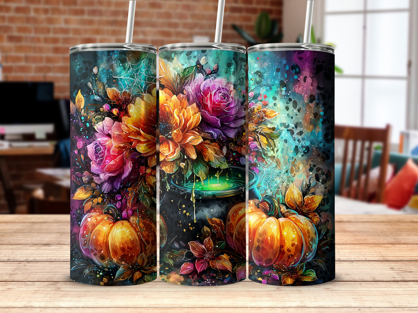 Colorful Floral and Pumpkin Design Tumbler Cup